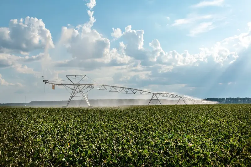 Centre-pivot irrigation system watering a green field under a blue sky